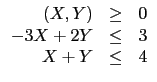 $\displaystyle \begin{array}{rcl}
(X,Y) & \geq & 0 \\
-3X +2Y & \leq & 3\\
X +Y & \leq & 4
\end{array}$