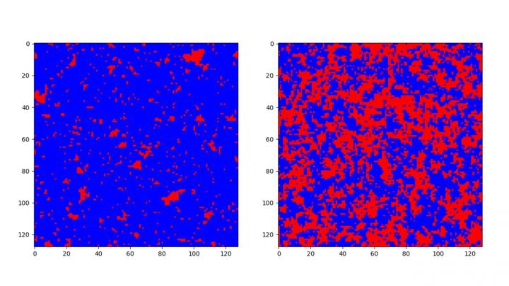 Simulations du modèle d'Ising sur le réseau carré à basse température (à
gauche, phase ferromagnétique) et à haute température (à droite, phase paramagnétique)